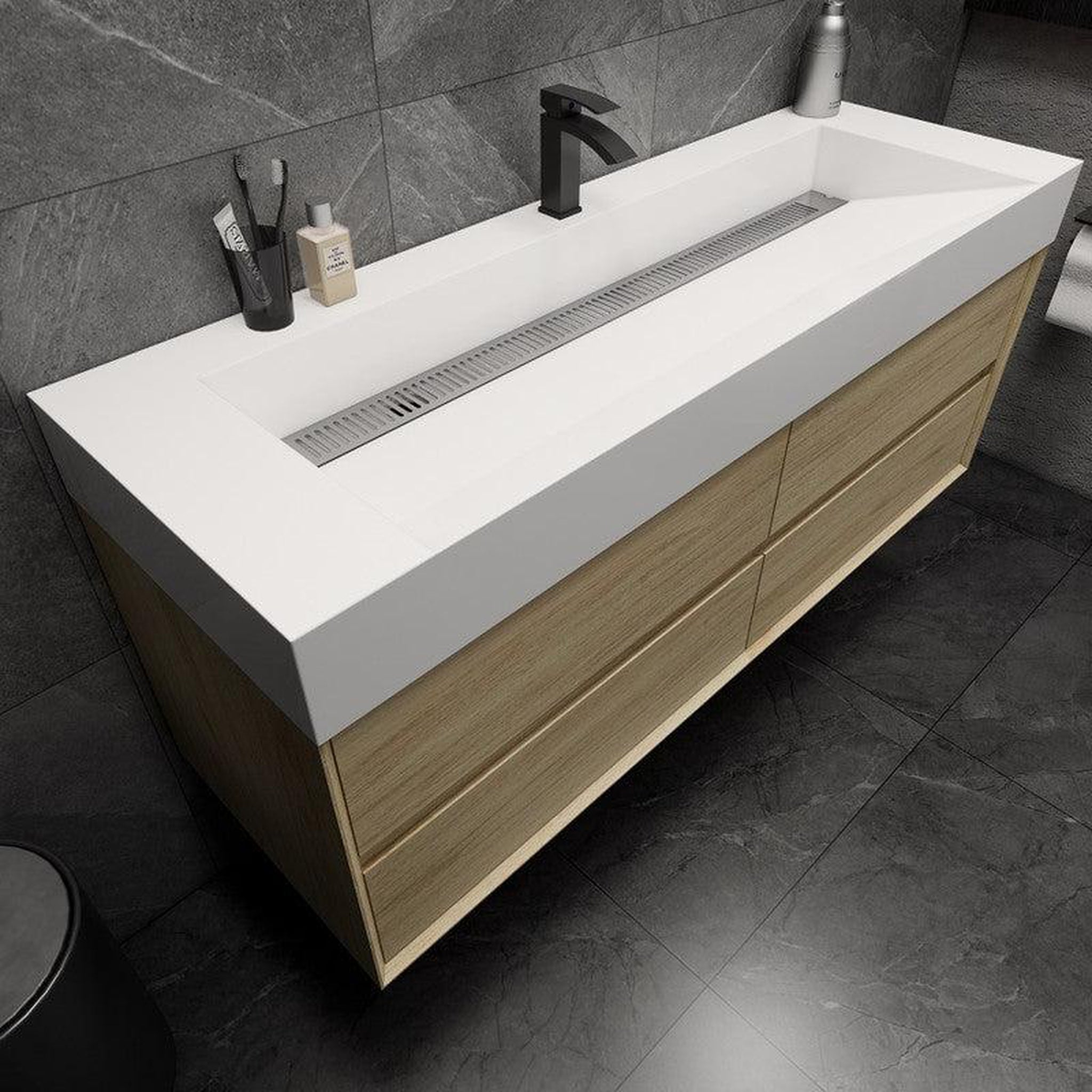 Prime 60&quot; Coffee Wood Wall-Mounted Vanity With Single Faucet Hole and Reinforced White Acrylic Sink