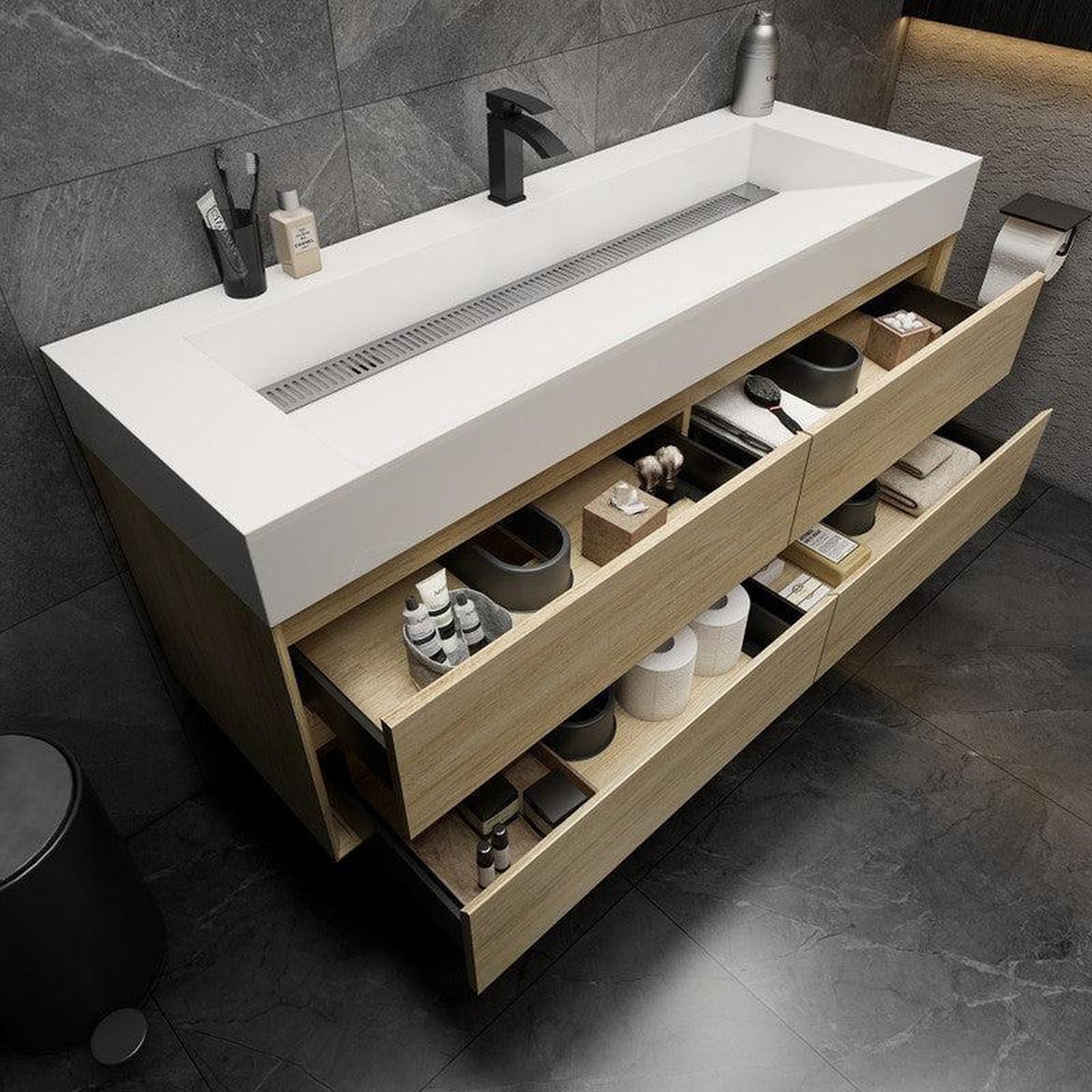 Prime 60&quot; Coffee Wood Wall-Mounted Vanity With Single Faucet Hole and Reinforced White Acrylic Sink