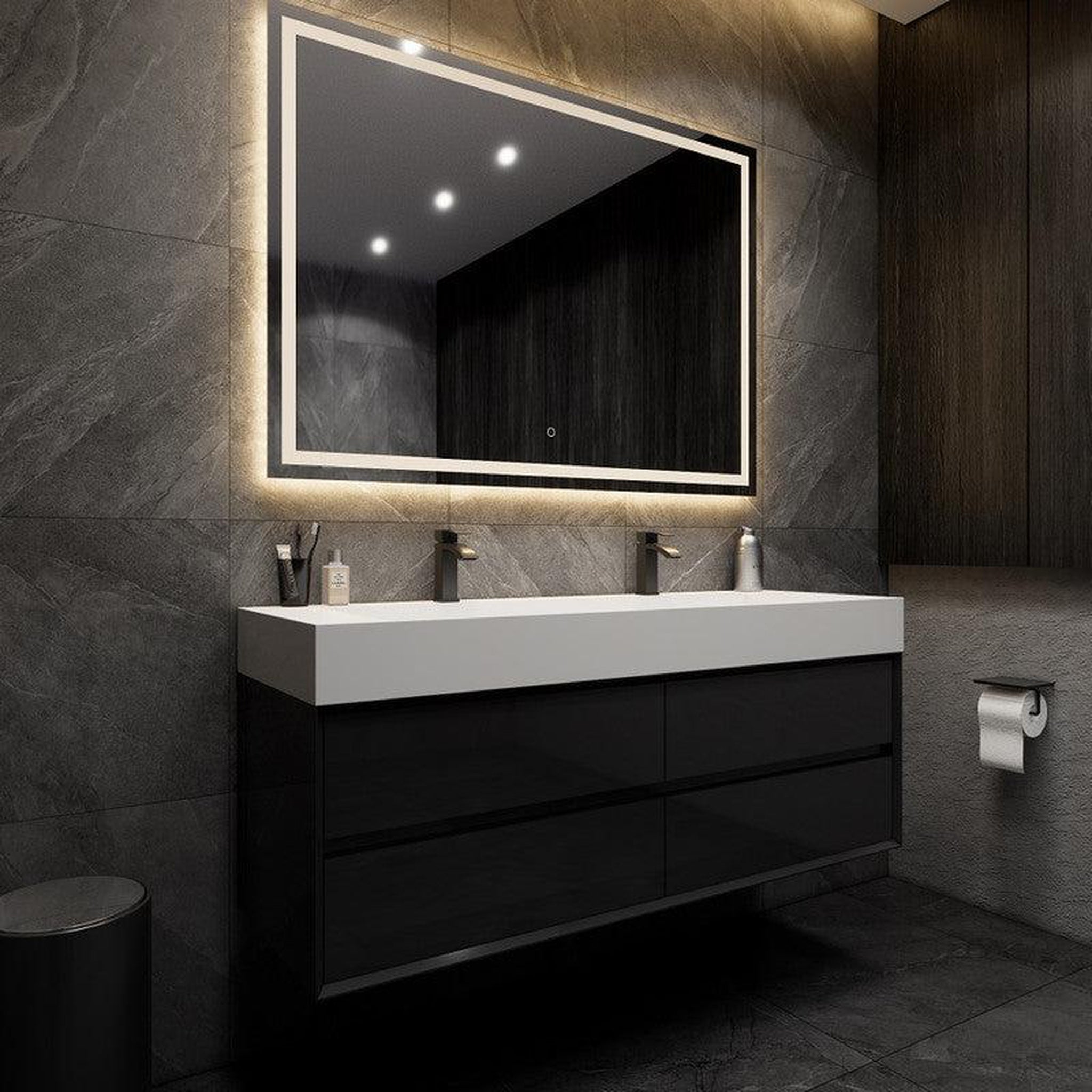 Prime 60&quot; Gloss Black Wall-Mounted Vanity With Double Faucet Holes and Reinforced White Acrylic Sink