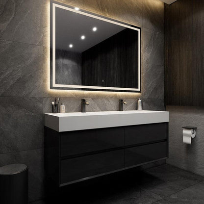 Prime 60&quot; Gloss Black Wall-Mounted Vanity With Double Faucet Holes and Reinforced White Acrylic Sink