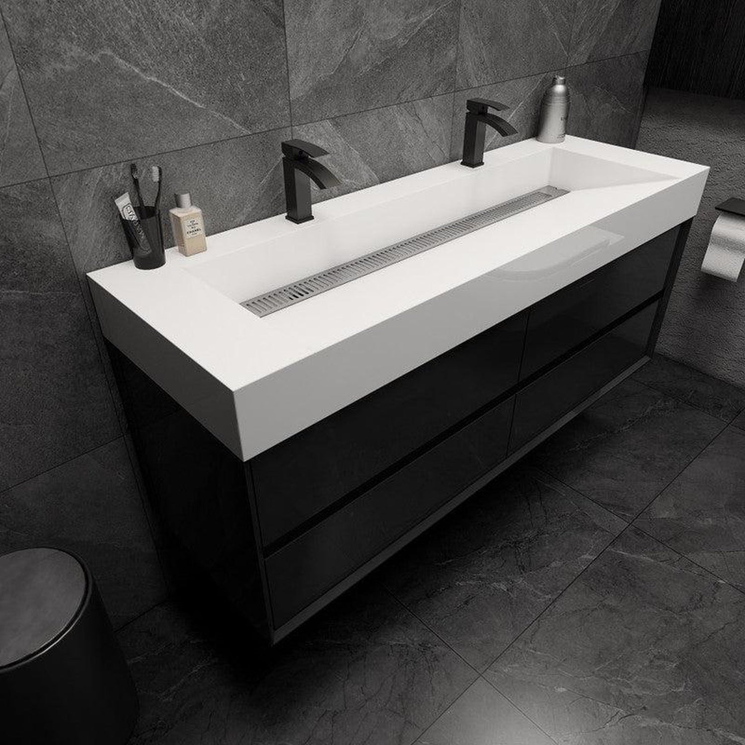 Prime 60&quot; Gloss Black Wall-Mounted Vanity With Double Faucet Holes and Reinforced White Acrylic Sink