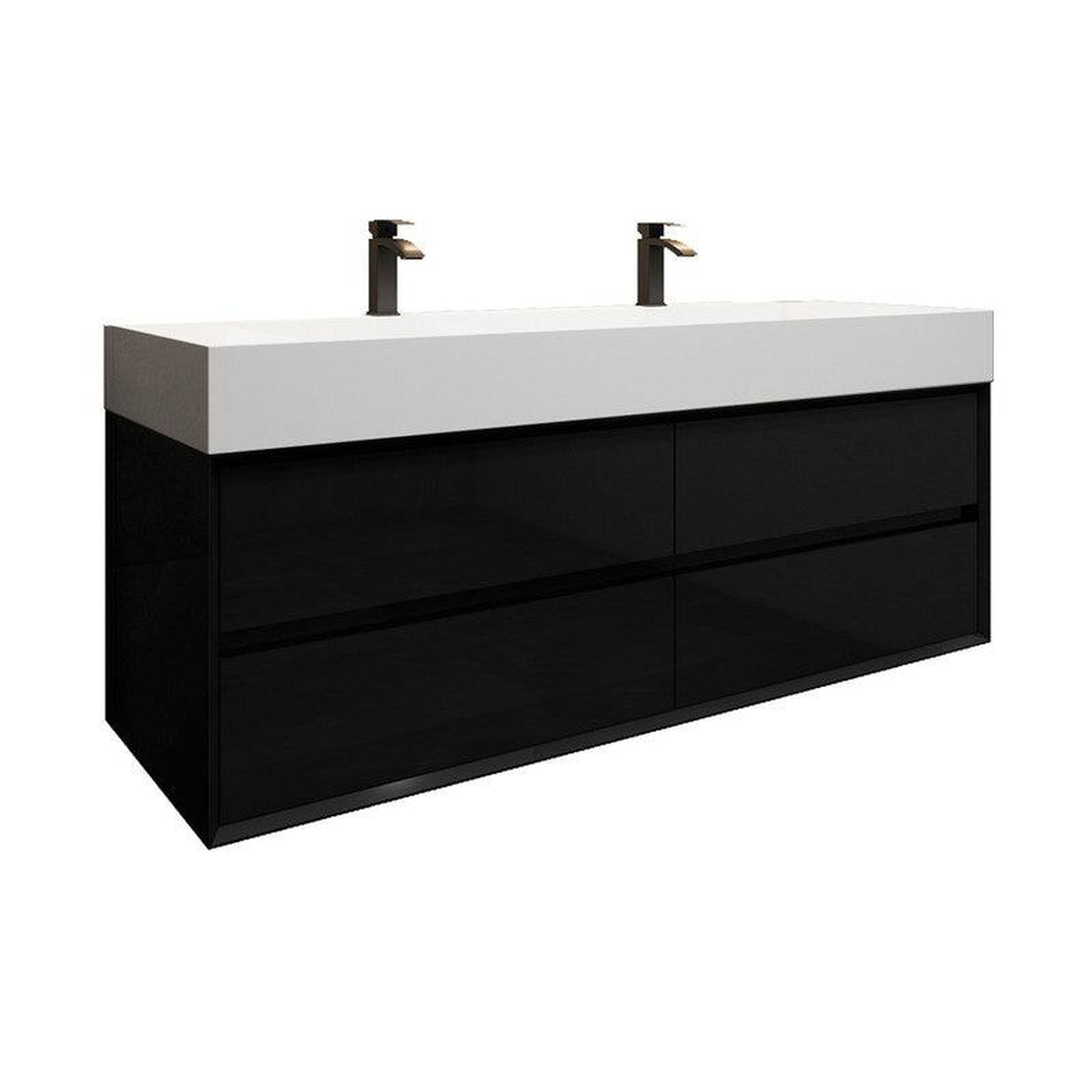 Prime 60&quot; Gloss Black Wall-Mounted Vanity With Double Faucet Holes and Reinforced White Acrylic Sink