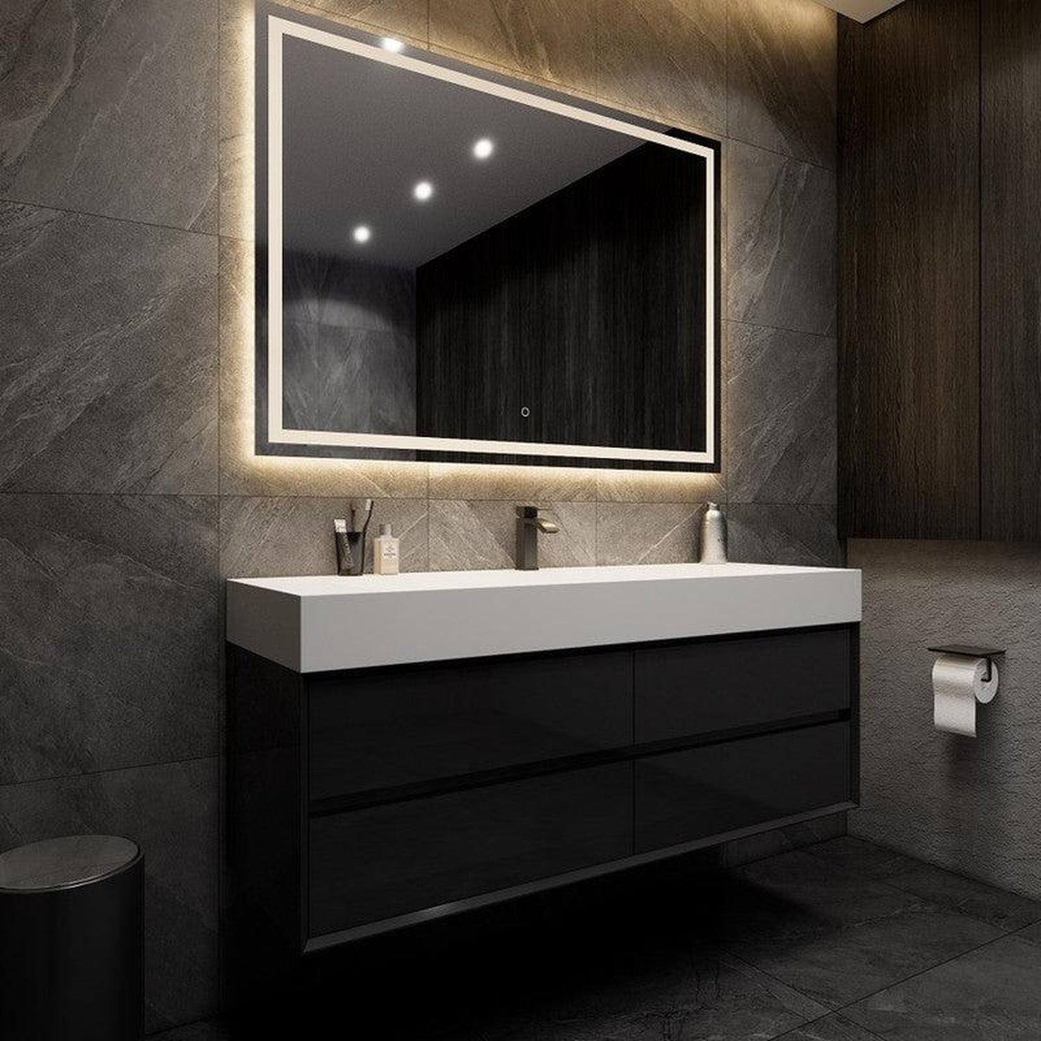 Prime 60&quot; Gloss Black Wall-Mounted Vanity With Single Faucet Hole and Reinforced White Acrylic Sink