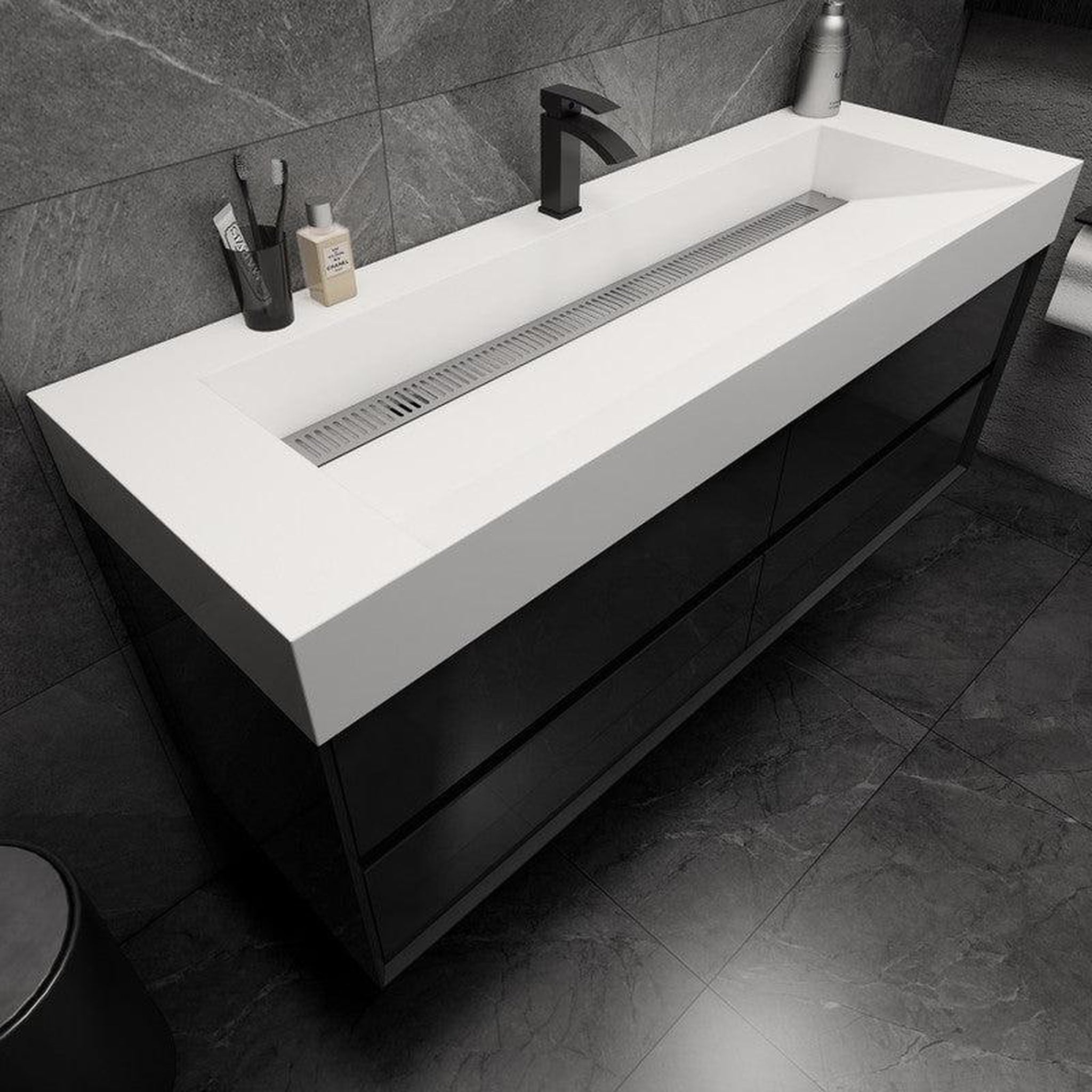 Prime 60&quot; Gloss Black Wall-Mounted Vanity With Single Faucet Hole and Reinforced White Acrylic Sink