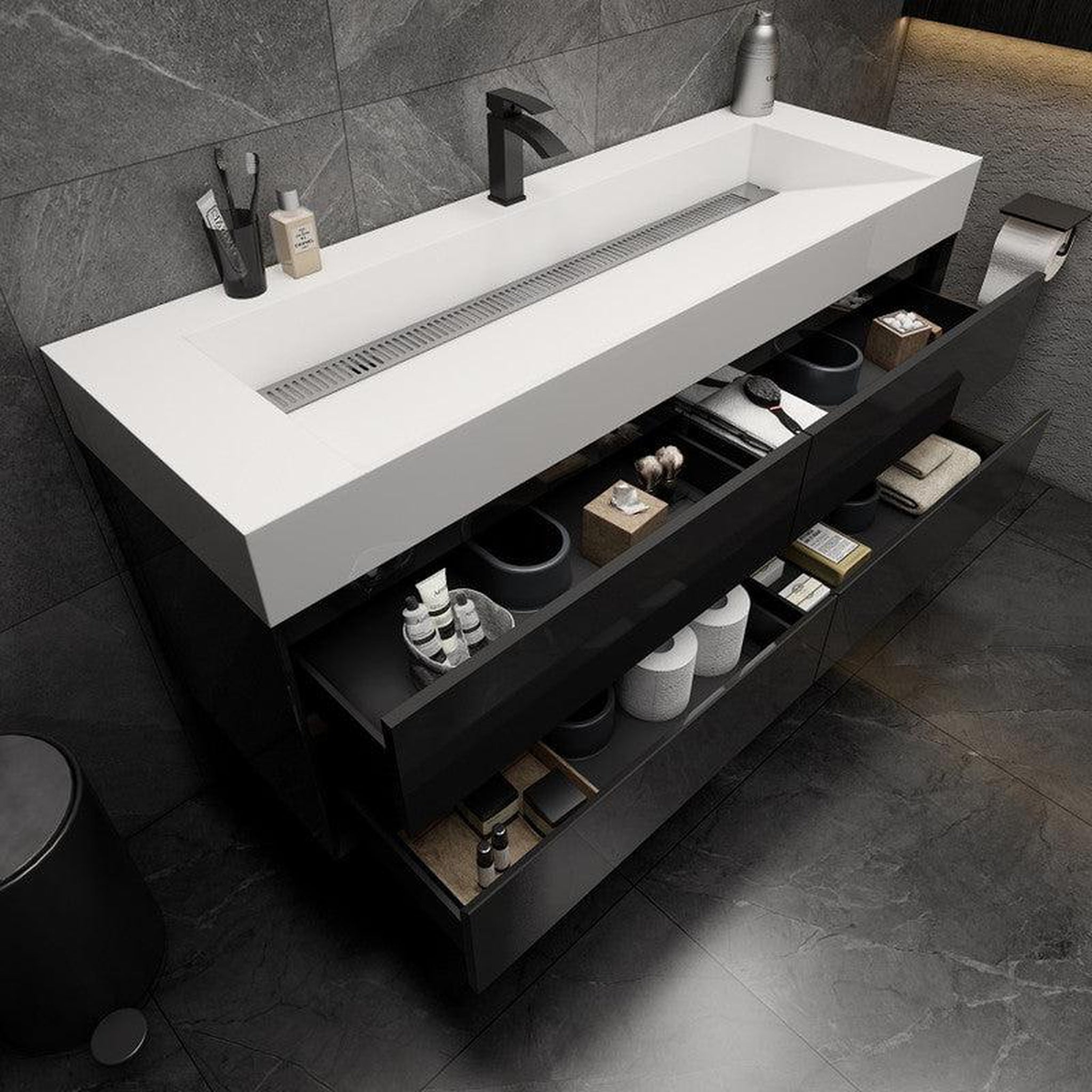 Prime 60&quot; Gloss Black Wall-Mounted Vanity With Single Faucet Hole and Reinforced White Acrylic Sink