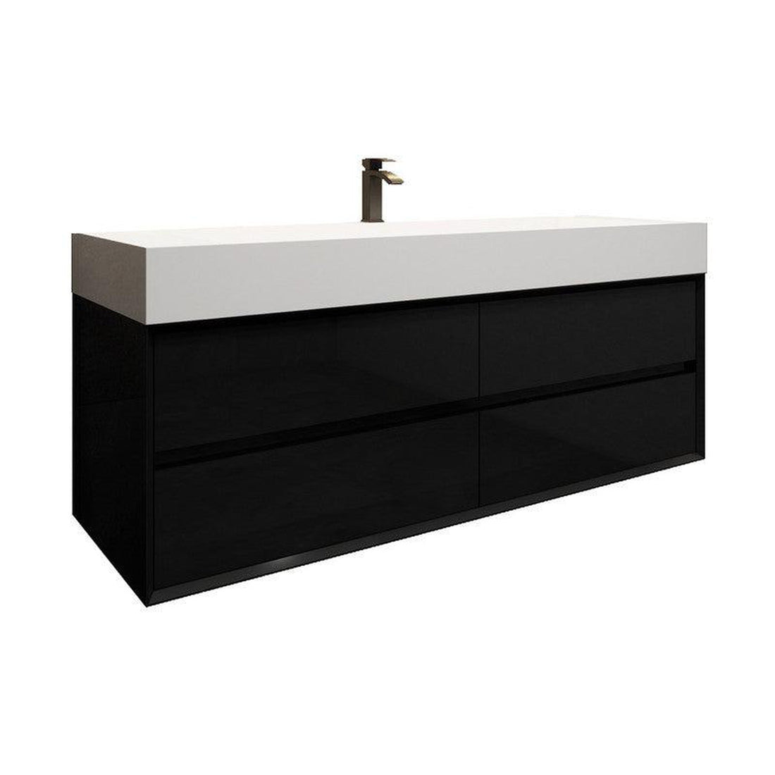 Prime 60&quot; Gloss Black Wall-Mounted Vanity With Single Faucet Hole and Reinforced White Acrylic Sink