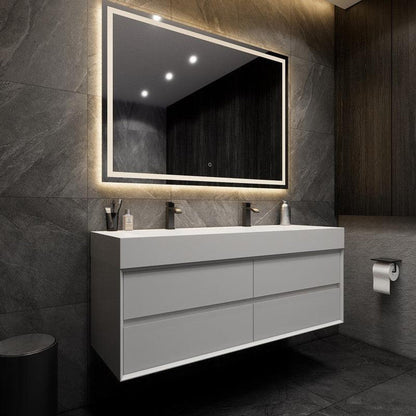 Prime 60&quot; Gloss White Wall-Mounted Vanity With Double Faucet Holes and Reinforced White Acrylic Sink