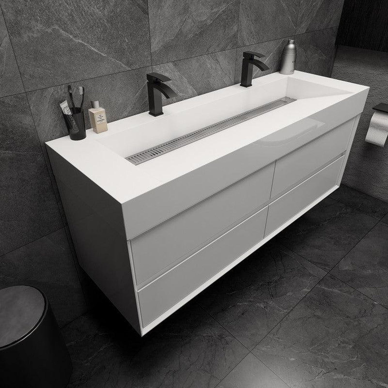 Prime 60&quot; Gloss White Wall-Mounted Vanity With Double Faucet Holes and Reinforced White Acrylic Sink