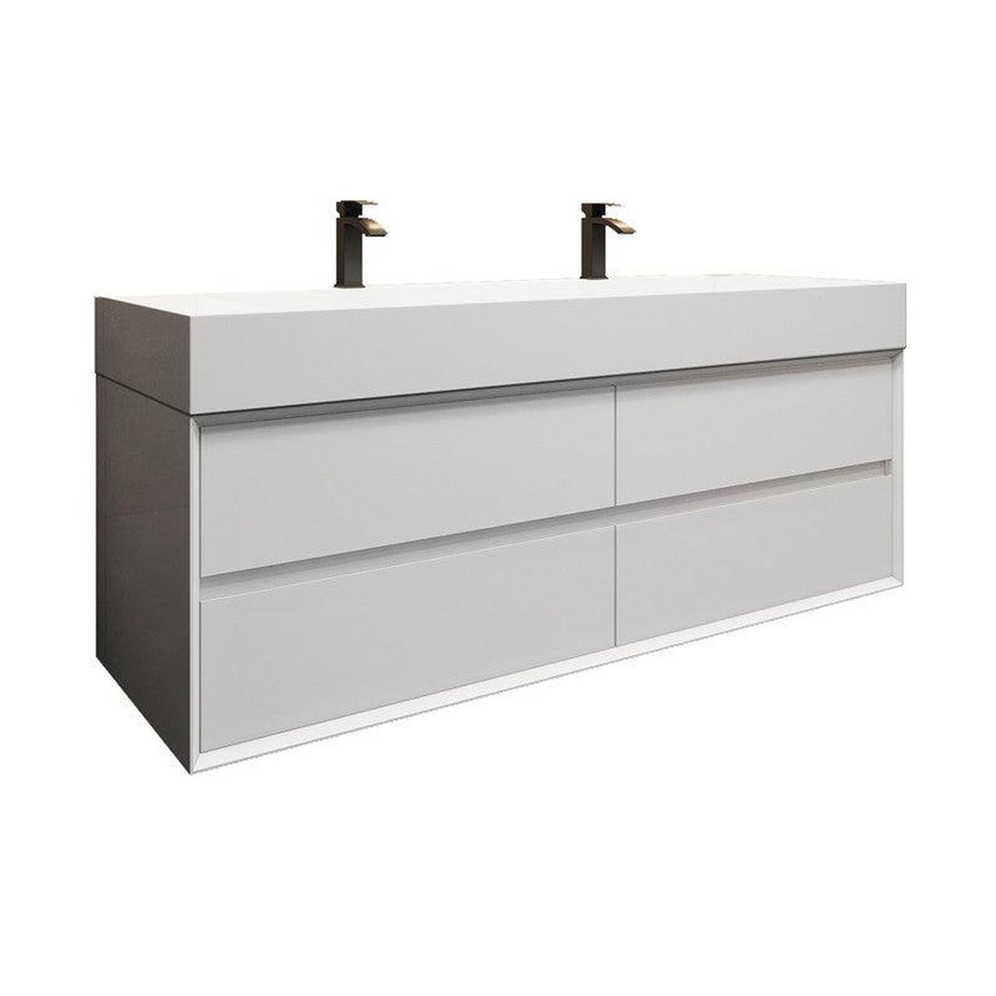 Prime 60&quot; Gloss White Wall-Mounted Vanity With Double Faucet Holes and Reinforced White Acrylic Sink