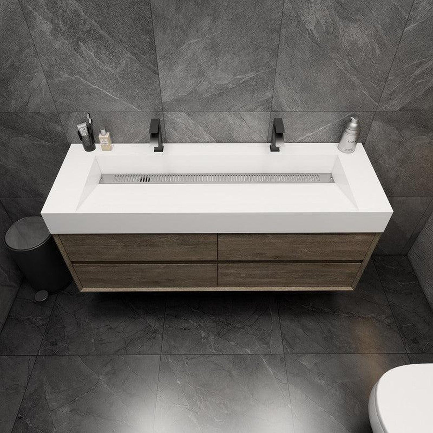 Prime 60&quot; Gray Oak Wall-Mounted Vanity With Double Faucet Holes and Reinforced White Acrylic Sink