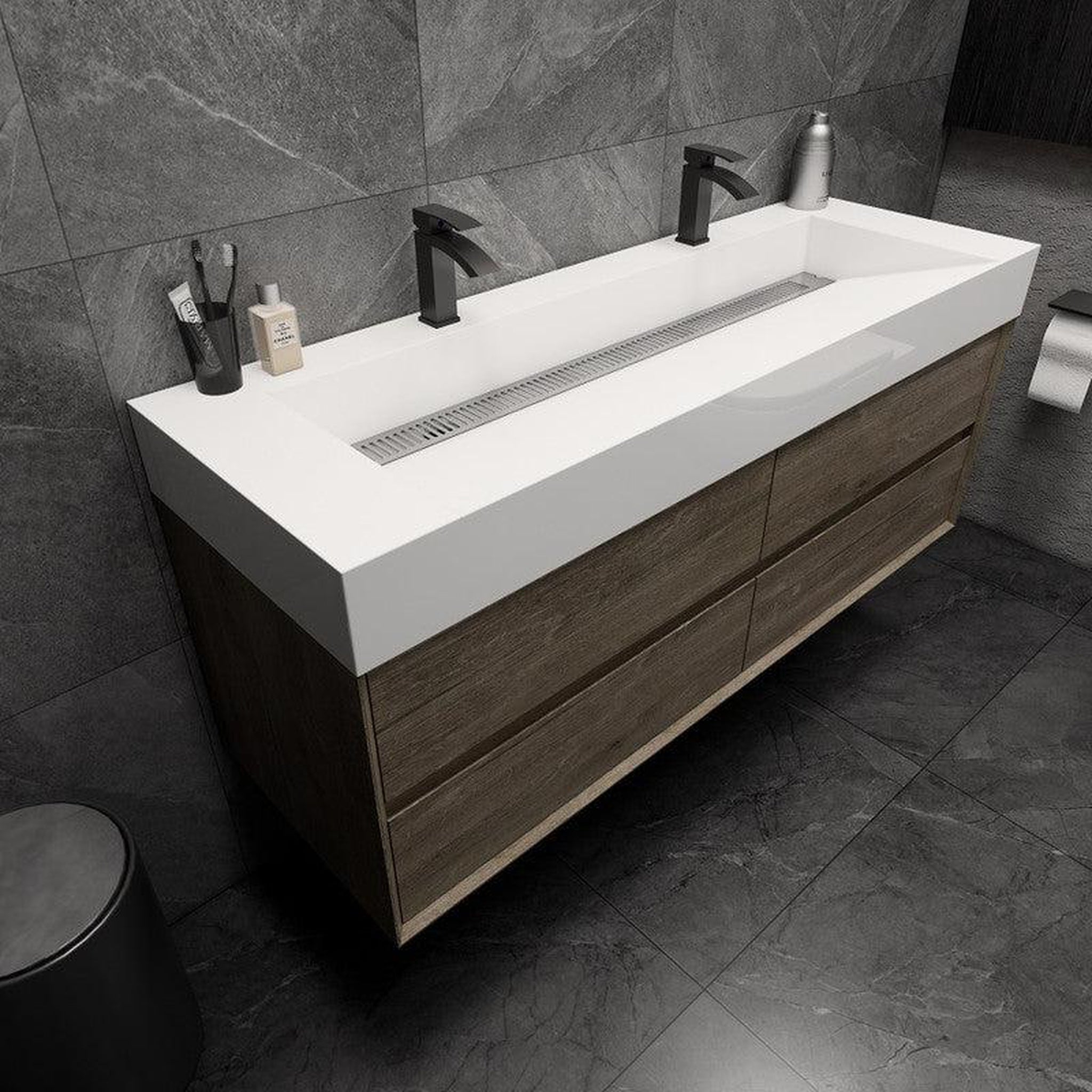 Prime 60&quot; Gray Oak Wall-Mounted Vanity With Double Faucet Holes and Reinforced White Acrylic Sink