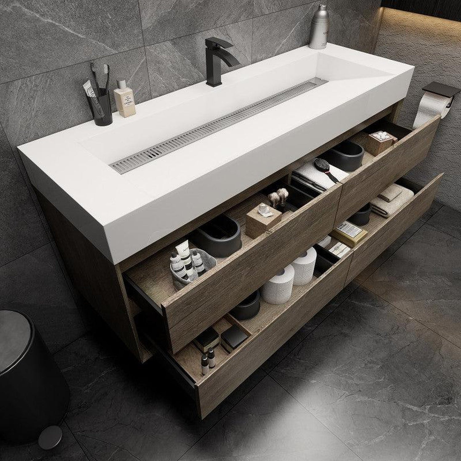 Prime 60&quot; Gray Oak Wall-Mounted Vanity With Single Faucet Hole and Reinforced White Acrylic Sink