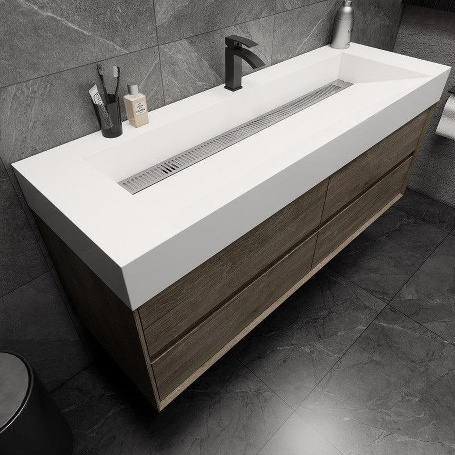 Prime 60&quot; Gray Oak Wall-Mounted Vanity With Single Faucet Hole and Reinforced White Acrylic Sink