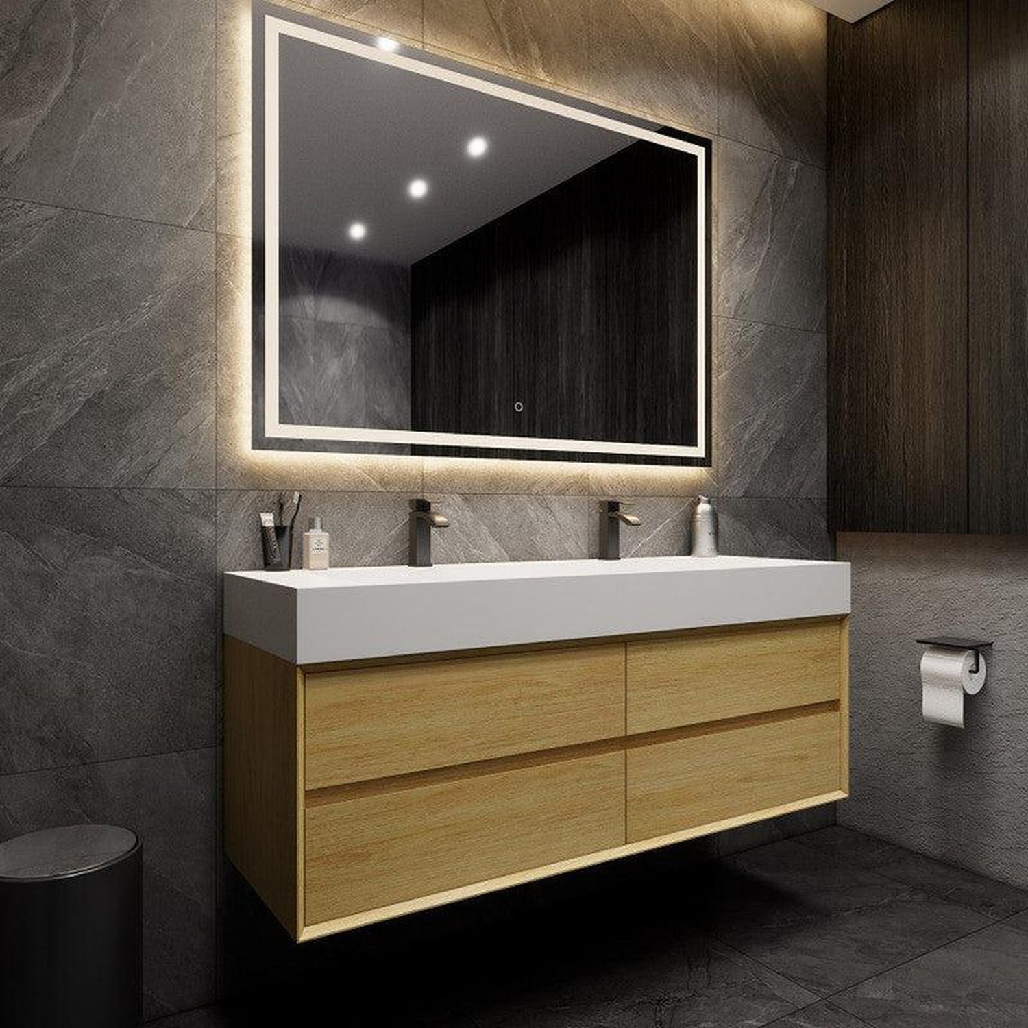 Prime 60&quot; Teak Oak Wall-Mounted Vanity With Double Faucet Holes and Reinforced White Acrylic Sink