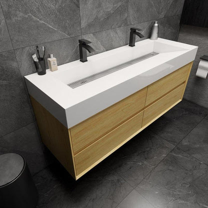 Prime 60&quot; Teak Oak Wall-Mounted Vanity With Double Faucet Holes and Reinforced White Acrylic Sink