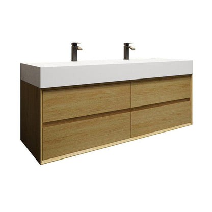 Prime 60&quot; Teak Oak Wall-Mounted Vanity With Double Faucet Holes and Reinforced White Acrylic Sink