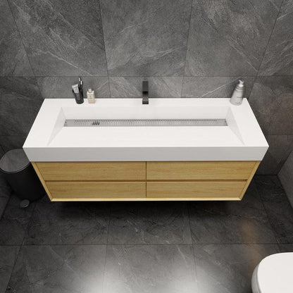 Prime 60&quot; Teak Oak Wall-Mounted Vanity With Single Faucet Hole and Reinforced White Acrylic Sink