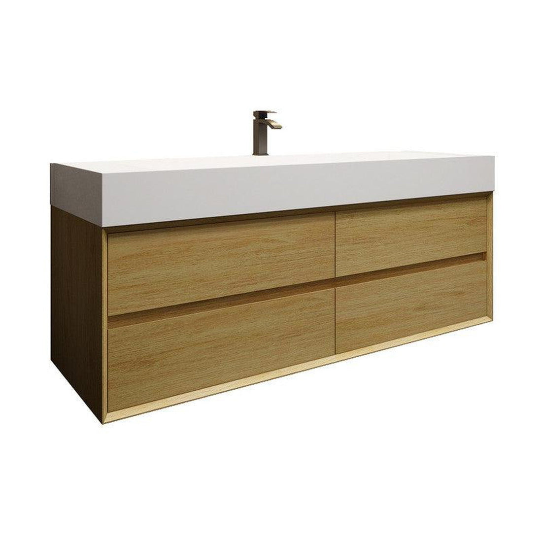 Prime 60&quot; Teak Oak Wall-Mounted Vanity With Single Faucet Hole and Reinforced White Acrylic Sink