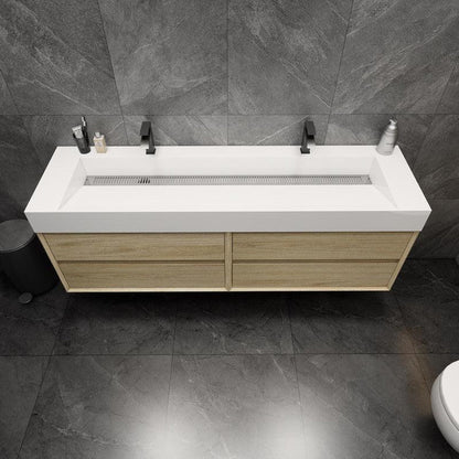 Prime 72&quot; Coffee Wood Wall-Mounted Vanity With Double Faucet Holes and Reinforced White Acrylic Sink