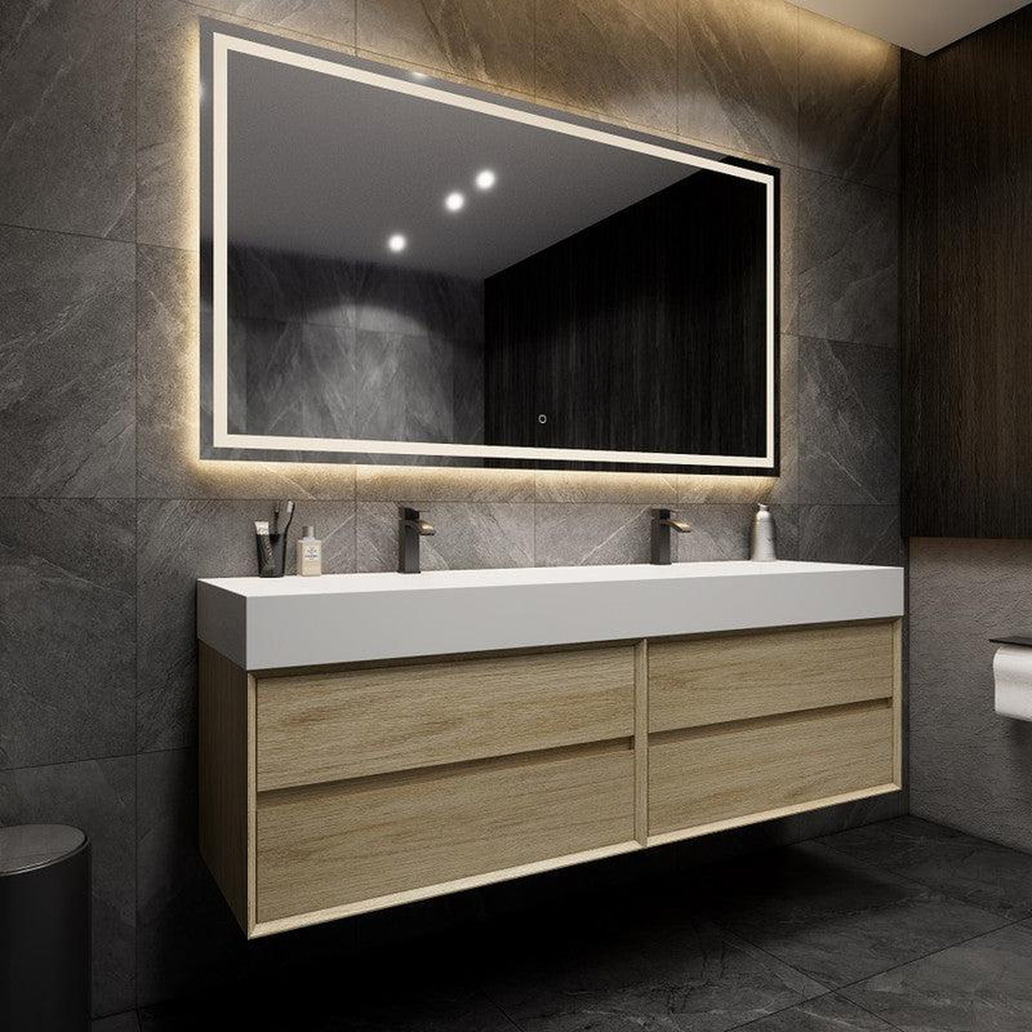 Prime 72&quot; Coffee Wood Wall-Mounted Vanity With Double Faucet Holes and Reinforced White Acrylic Sink