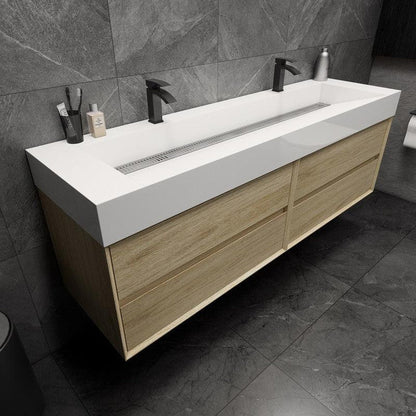 Prime 72&quot; Coffee Wood Wall-Mounted Vanity With Double Faucet Holes and Reinforced White Acrylic Sink