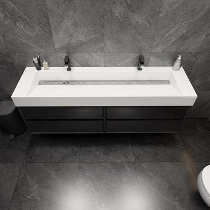 Prime 72&quot; Gloss Black Wall-Mounted Vanity With Double Faucet Holes and Reinforced White Acrylic Sink