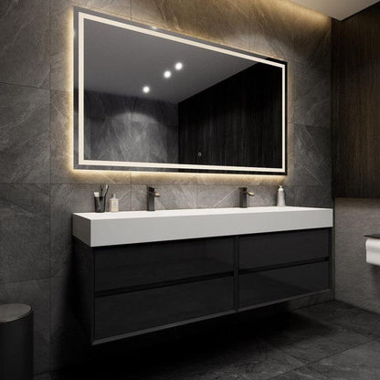 Prime 72&quot; Gloss Black Wall-Mounted Vanity With Double Faucet Holes and Reinforced White Acrylic Sink