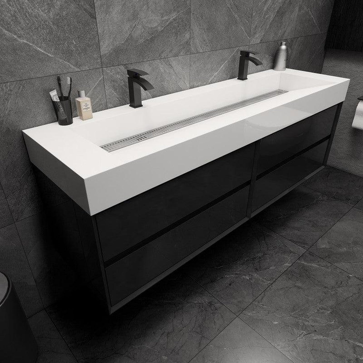 Prime 72&quot; Gloss Black Wall-Mounted Vanity With Double Faucet Holes and Reinforced White Acrylic Sink