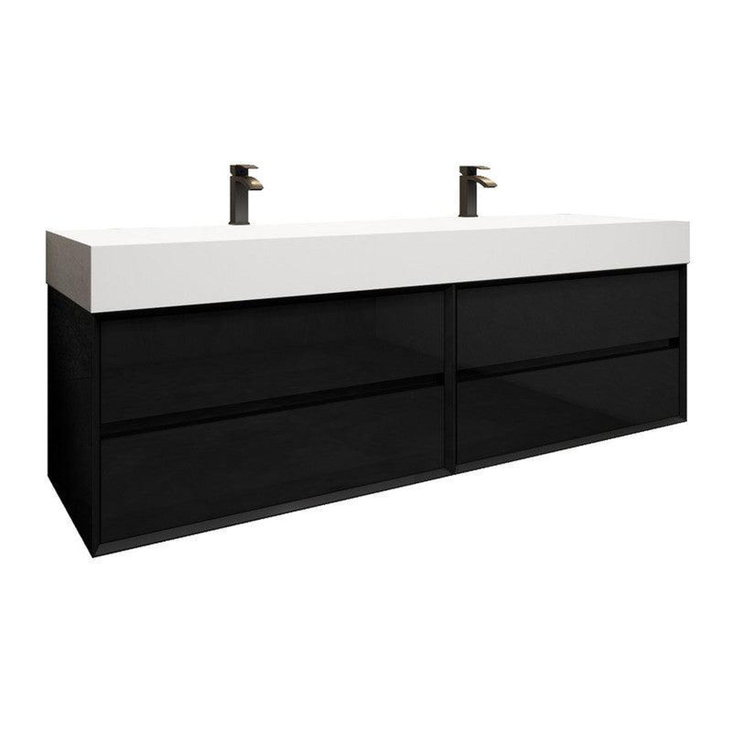 Prime 72&quot; Gloss Black Wall-Mounted Vanity With Double Faucet Holes and Reinforced White Acrylic Sink