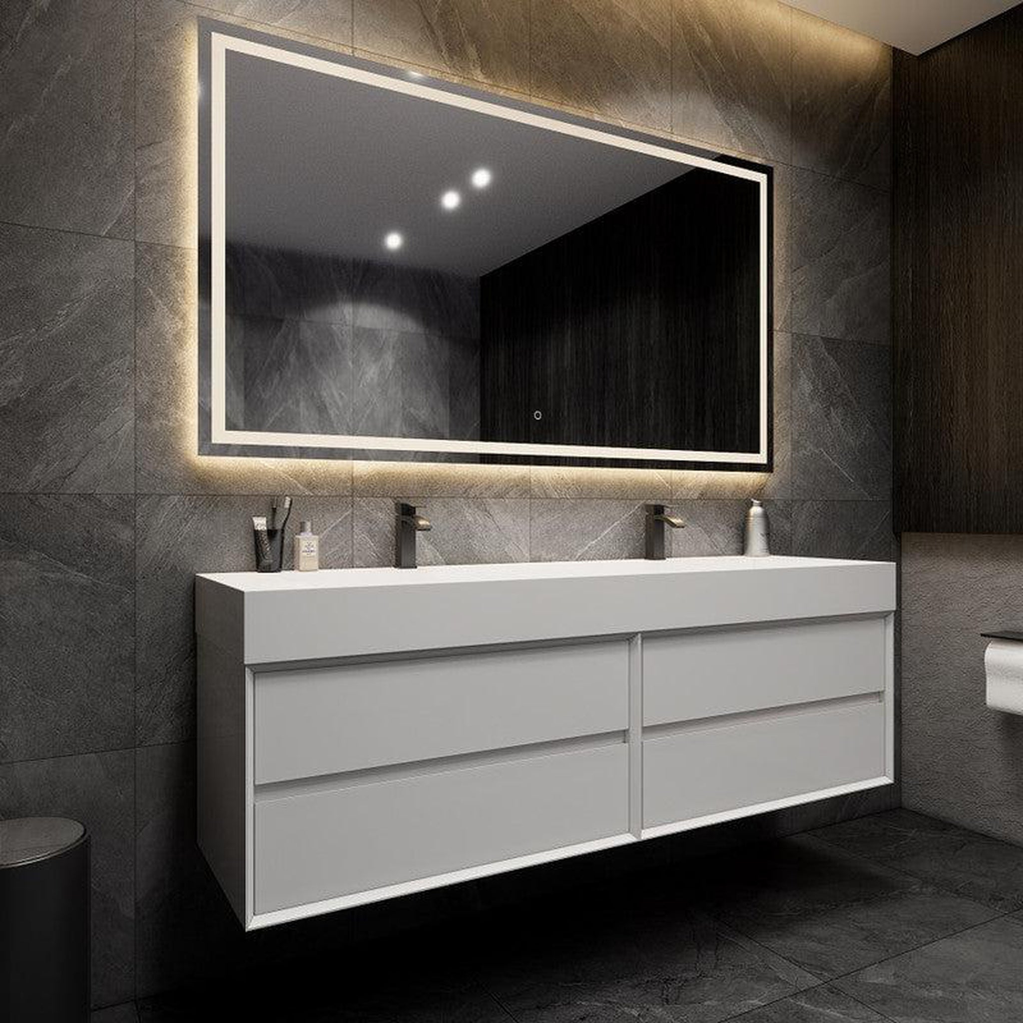 Prime 72&quot; Gloss White Wall-Mounted Vanity With Double Faucet Holes and Reinforced White Acrylic Sink