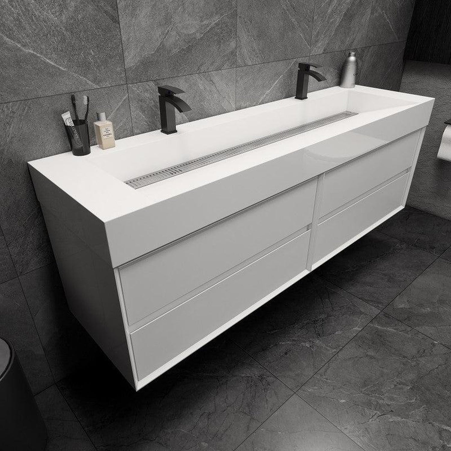 Prime 72&quot; Gloss White Wall-Mounted Vanity With Double Faucet Holes and Reinforced White Acrylic Sink