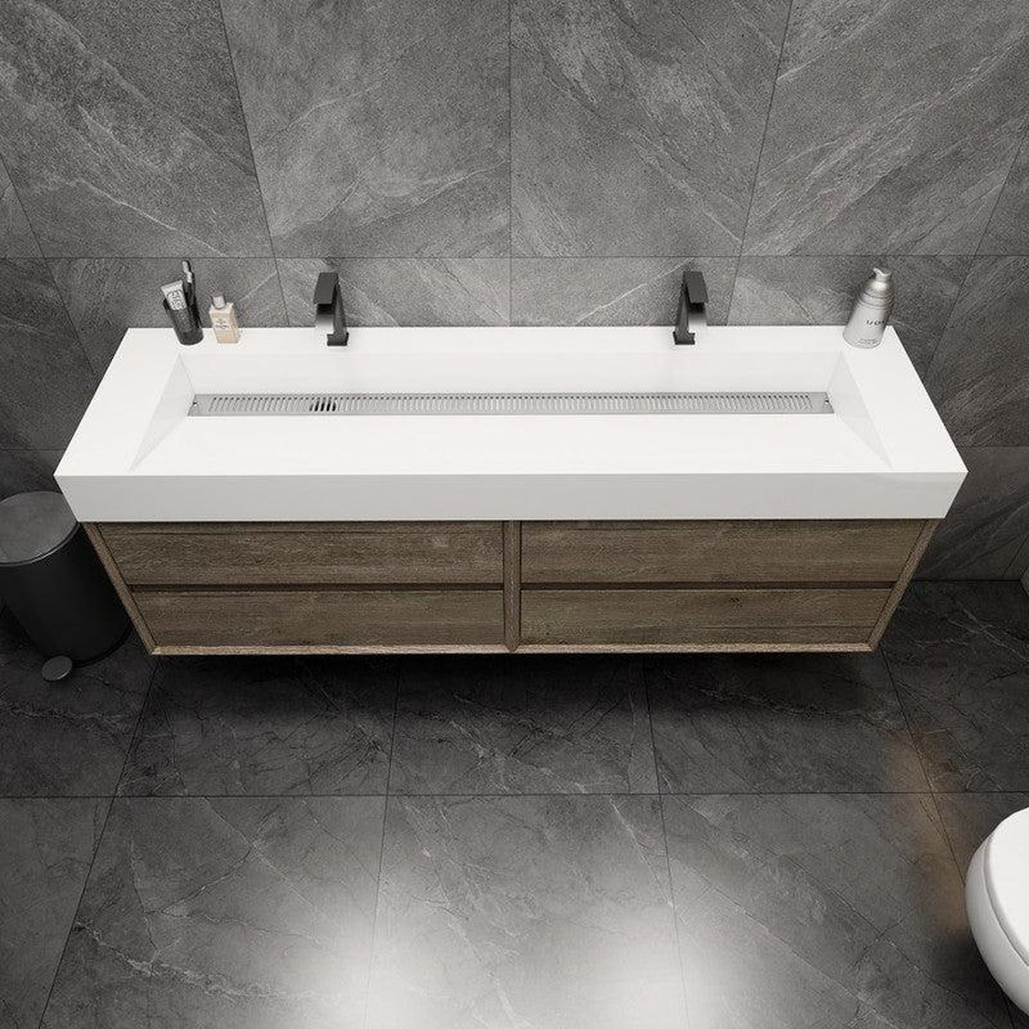 Prime 72&quot; Gray Oak Wall-Mounted Vanity With Double Faucet Holes and Reinforced White Acrylic Sink