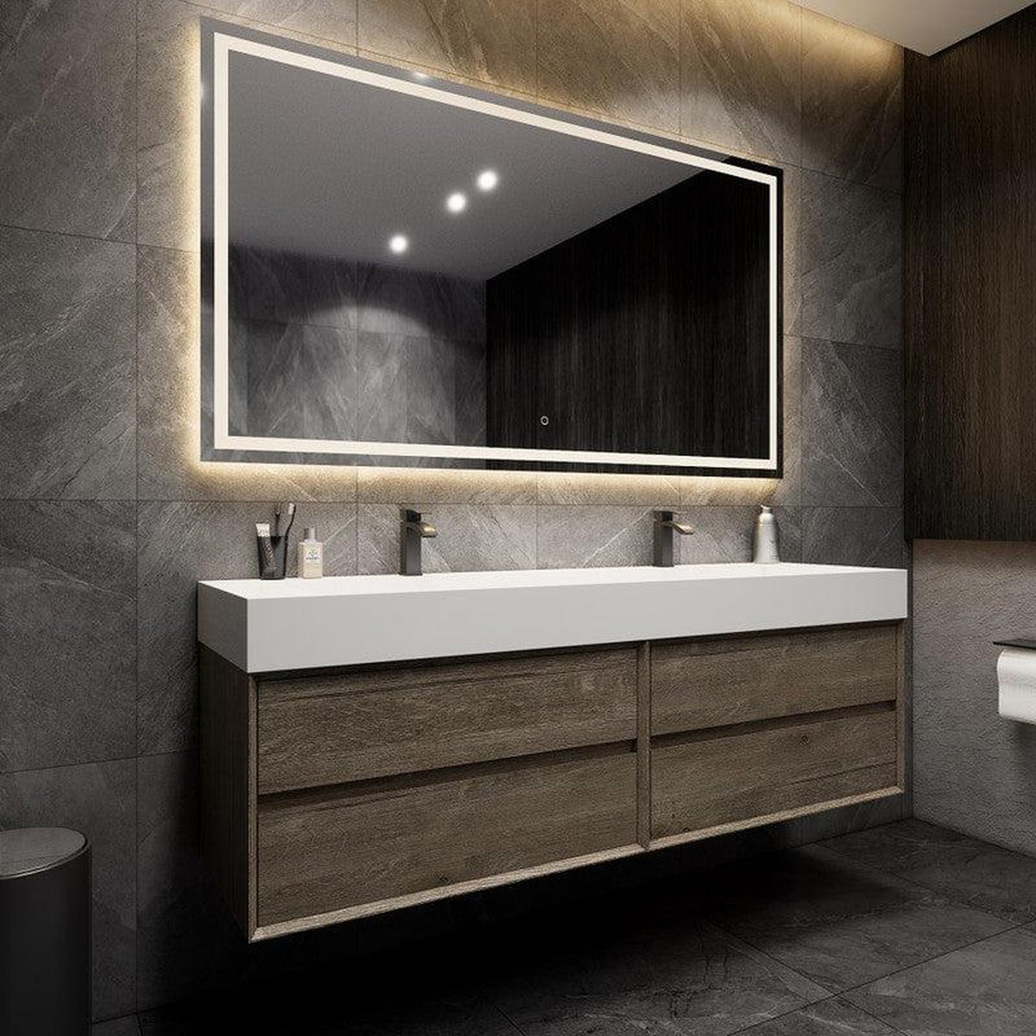 Prime 72&quot; Gray Oak Wall-Mounted Vanity With Double Faucet Holes and Reinforced White Acrylic Sink