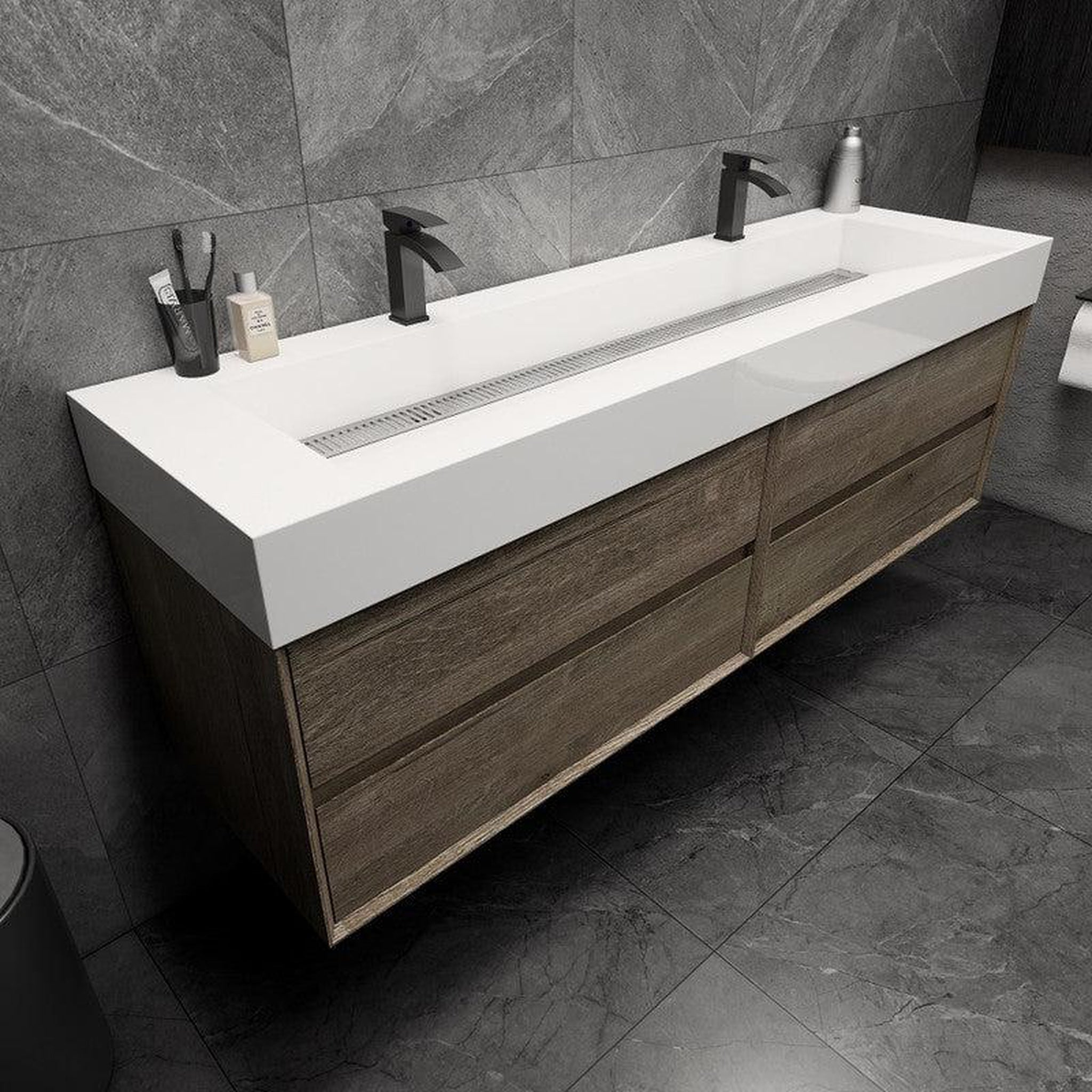 Prime 72&quot; Gray Oak Wall-Mounted Vanity With Double Faucet Holes and Reinforced White Acrylic Sink