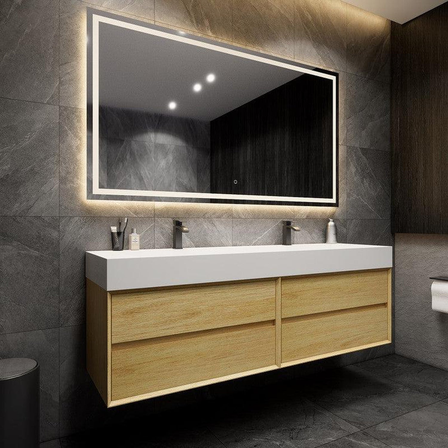 Prime 72&quot; Teak Oak Wall-Mounted Vanity With Double Faucet Holes and Reinforced White Acrylic Sink