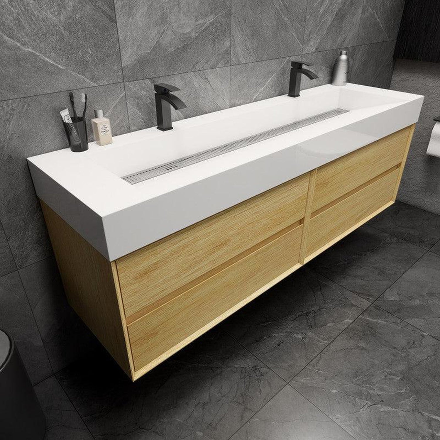 Prime 72&quot; Teak Oak Wall-Mounted Vanity With Double Faucet Holes and Reinforced White Acrylic Sink