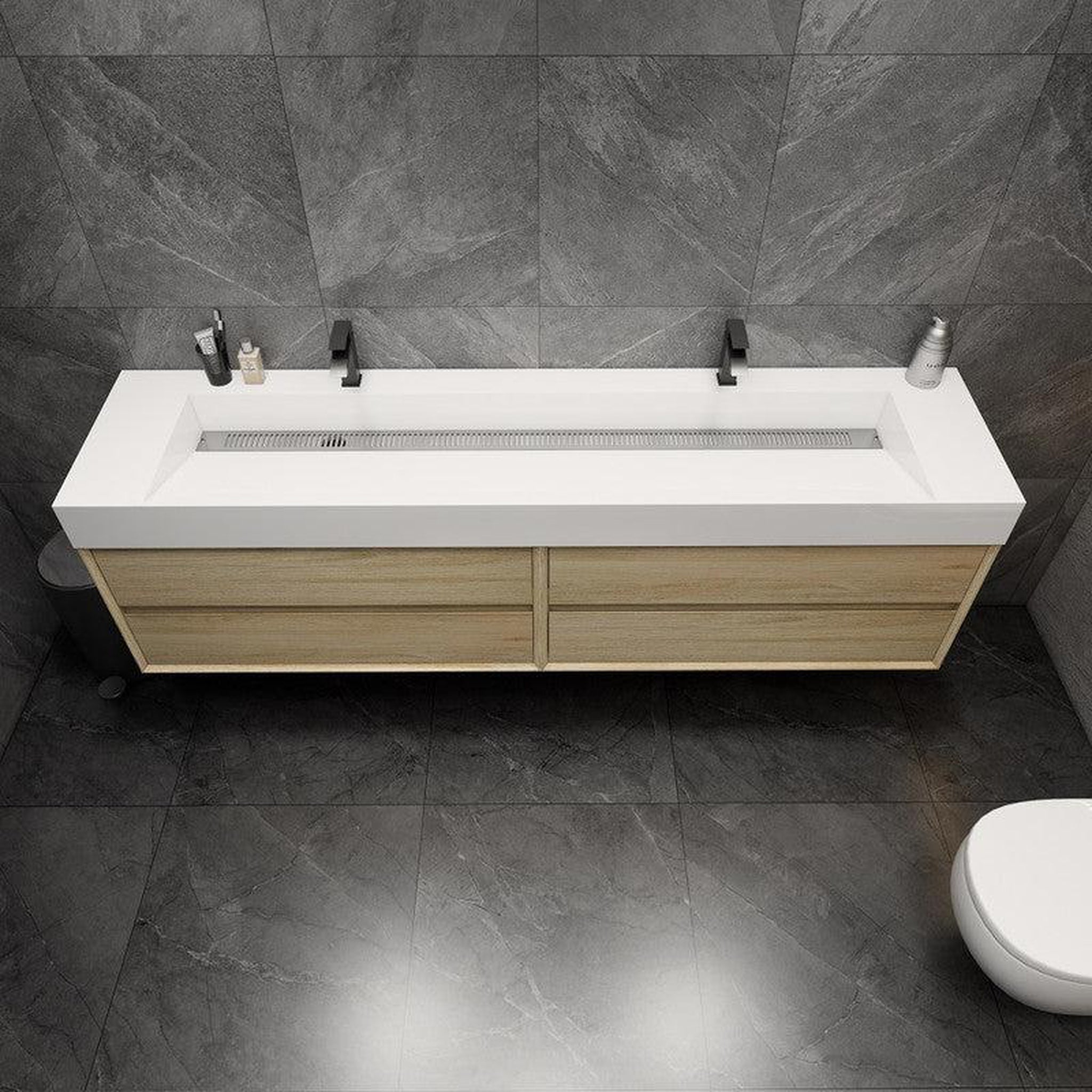 Prime 84&quot; Coffee Wood Wall-Mounted Vanity With Double Faucet Holes and Reinforced White Acrylic Sink