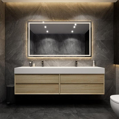 Prime 84&quot; Coffee Wood Wall-Mounted Vanity With Double Faucet Holes and Reinforced White Acrylic Sink