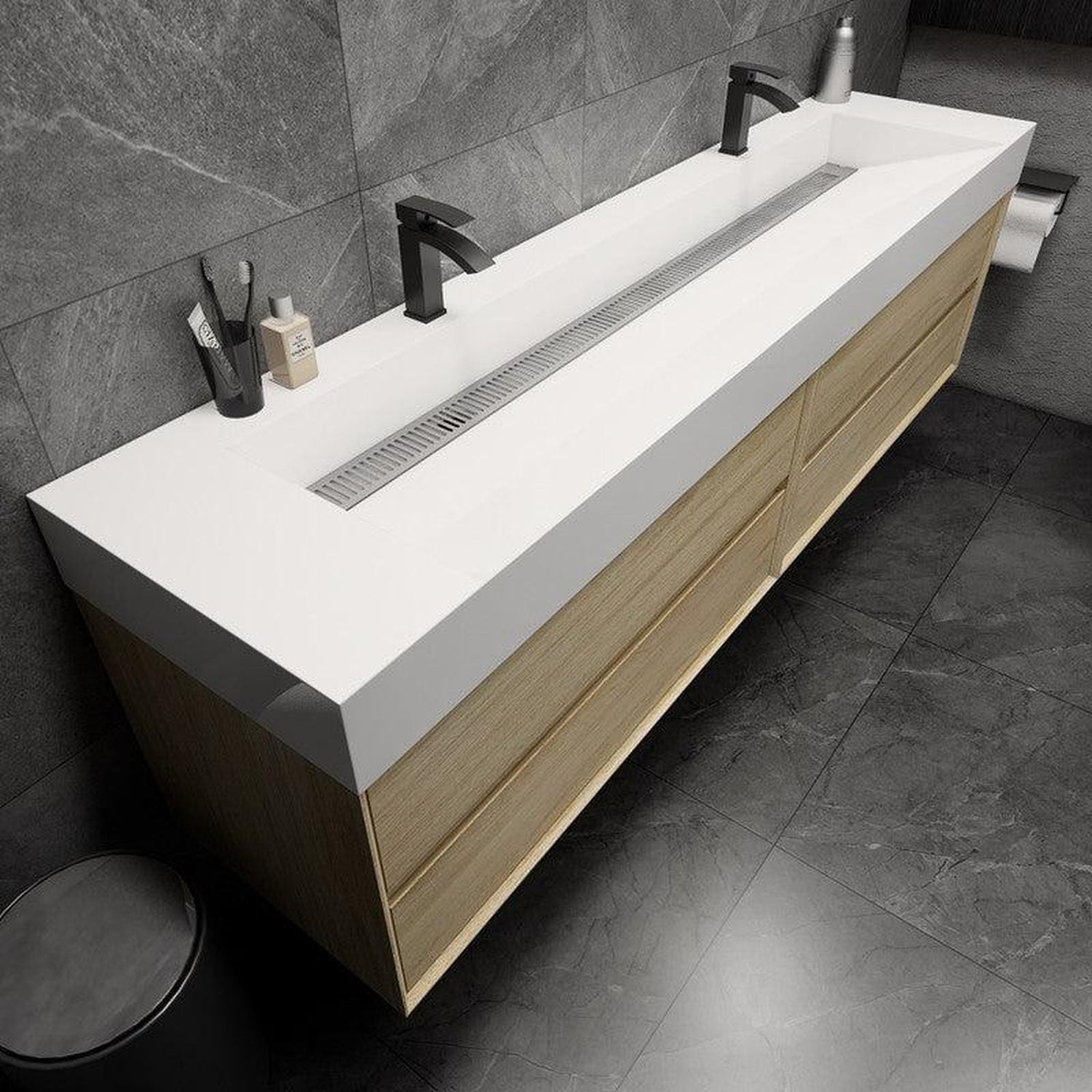 Prime 84&quot; Coffee Wood Wall-Mounted Vanity With Double Faucet Holes and Reinforced White Acrylic Sink