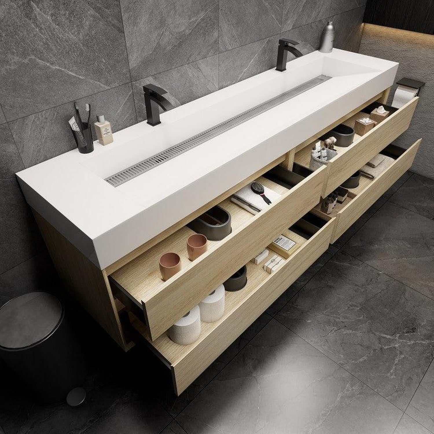 Prime 84&quot; Coffee Wood Wall-Mounted Vanity With Double Faucet Holes and Reinforced White Acrylic Sink