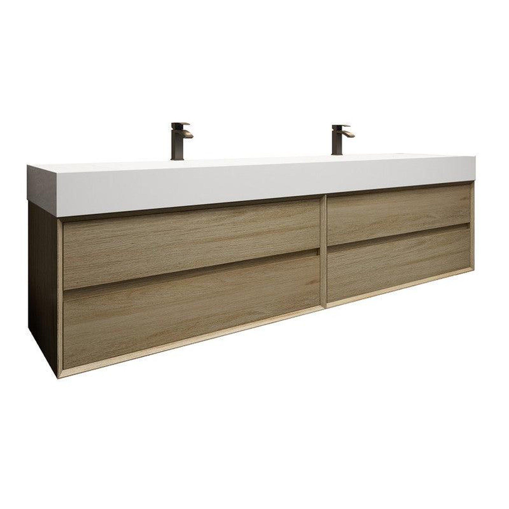 Prime 84&quot; Coffee Wood Wall-Mounted Vanity With Double Faucet Holes and Reinforced White Acrylic Sink