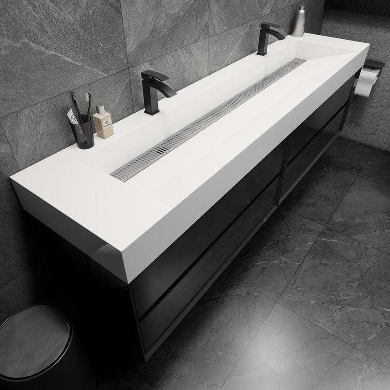 Prime 84&quot; Gloss Black Wall-Mounted Vanity With Double Faucet Holes and Reinforced White Acrylic Sink