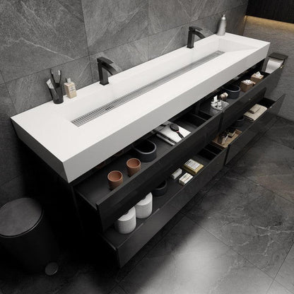 Prime 84&quot; Gloss Black Wall-Mounted Vanity With Double Faucet Holes and Reinforced White Acrylic Sink