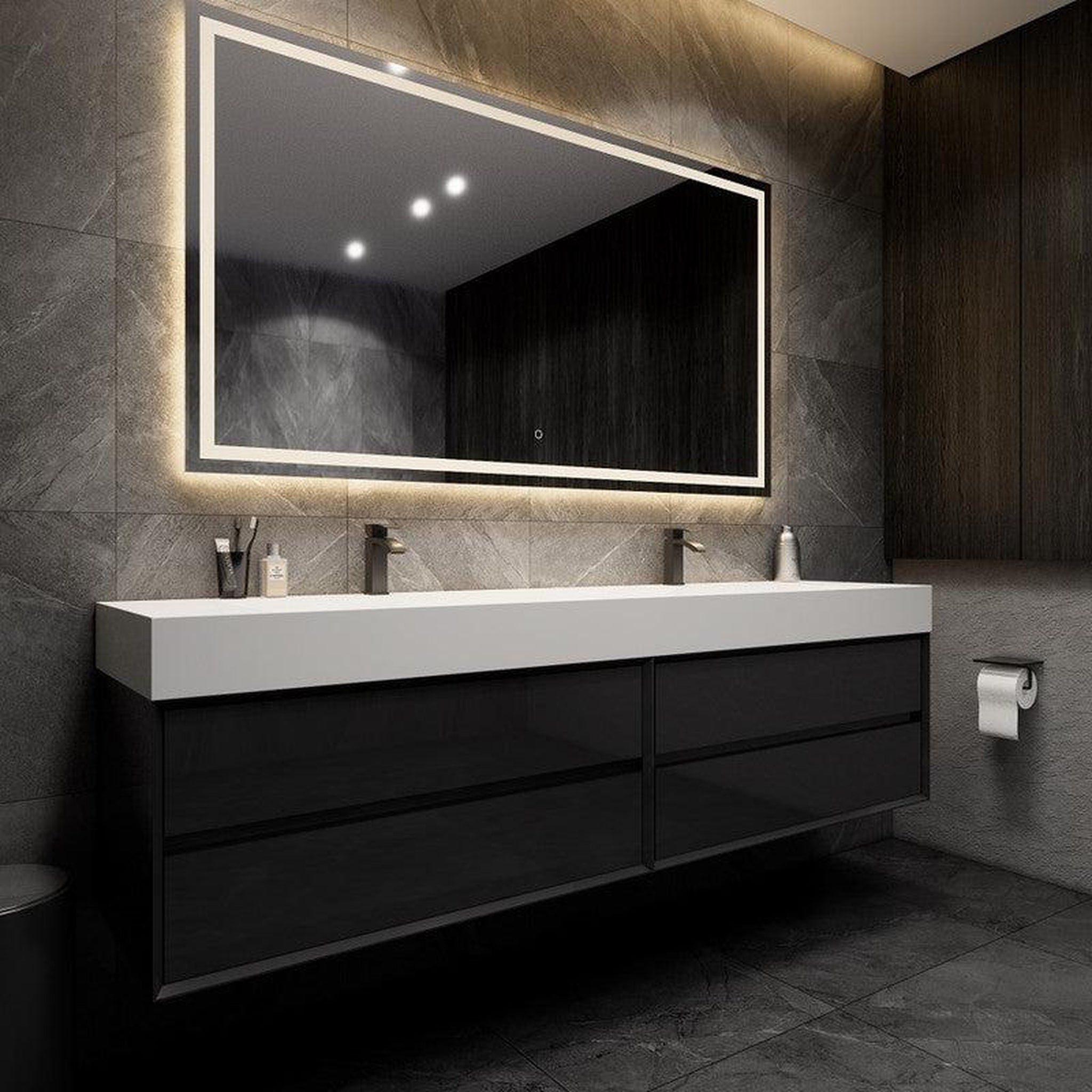 Prime 84&quot; Gloss Black Wall-Mounted Vanity With Double Faucet Holes and Reinforced White Acrylic Sink