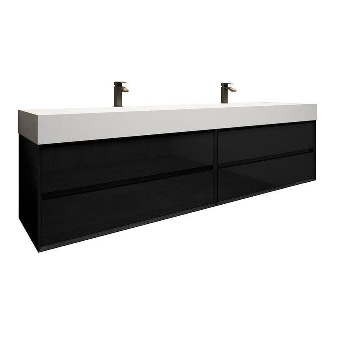 Prime 84&quot; Gloss Black Wall-Mounted Vanity With Double Faucet Holes and Reinforced White Acrylic Sink