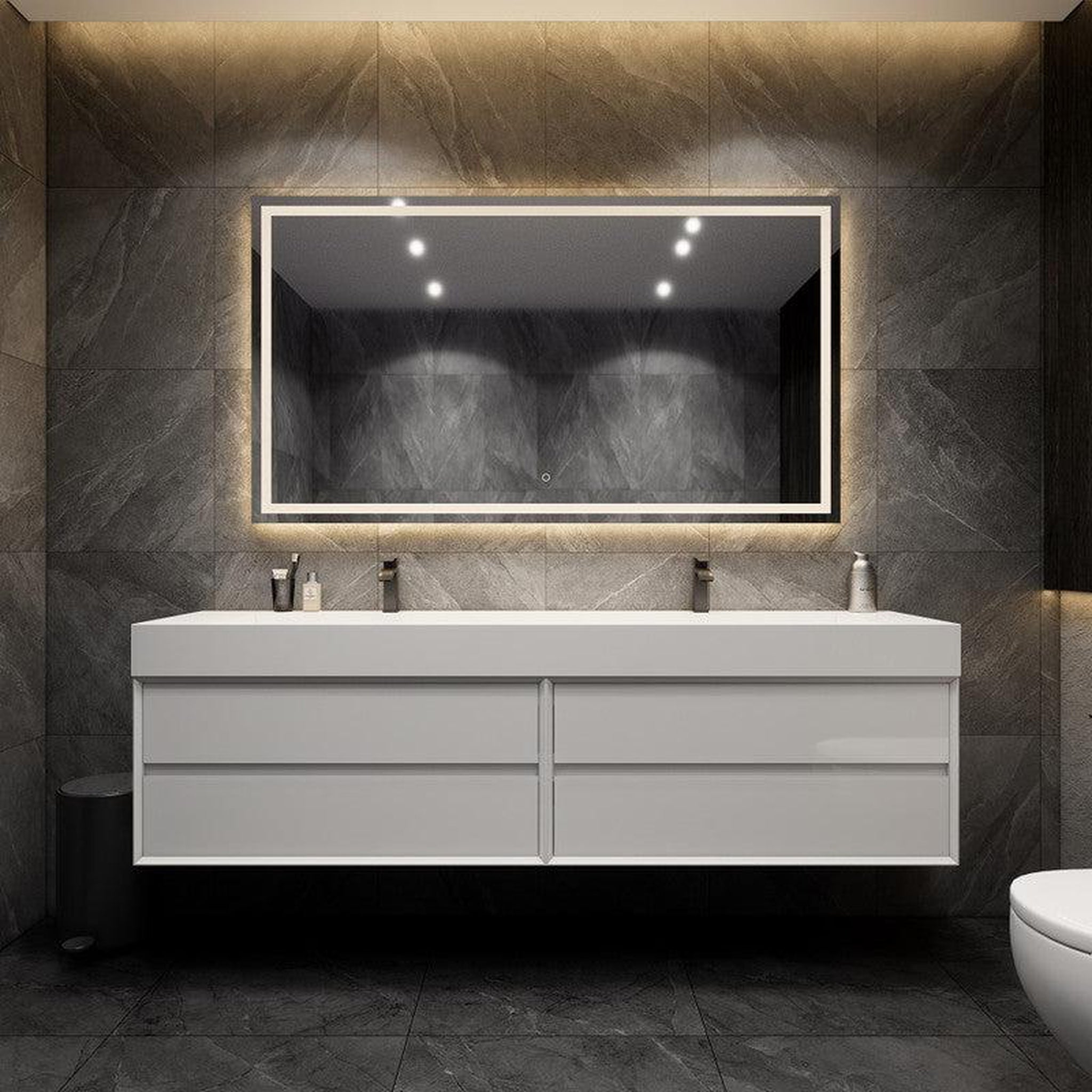 Prime 84&quot; Gloss White Wall-Mounted Vanity With Double Faucet Holes and Reinforced White Acrylic Sink