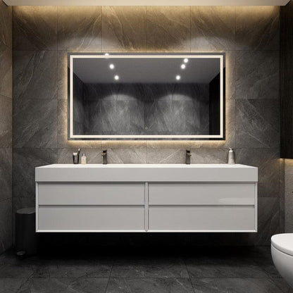 Prime 84&quot; Gloss White Wall-Mounted Vanity With Double Faucet Holes and Reinforced White Acrylic Sink