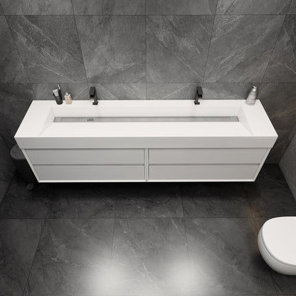 Prime 84&quot; Gloss White Wall-Mounted Vanity With Double Faucet Holes and Reinforced White Acrylic Sink