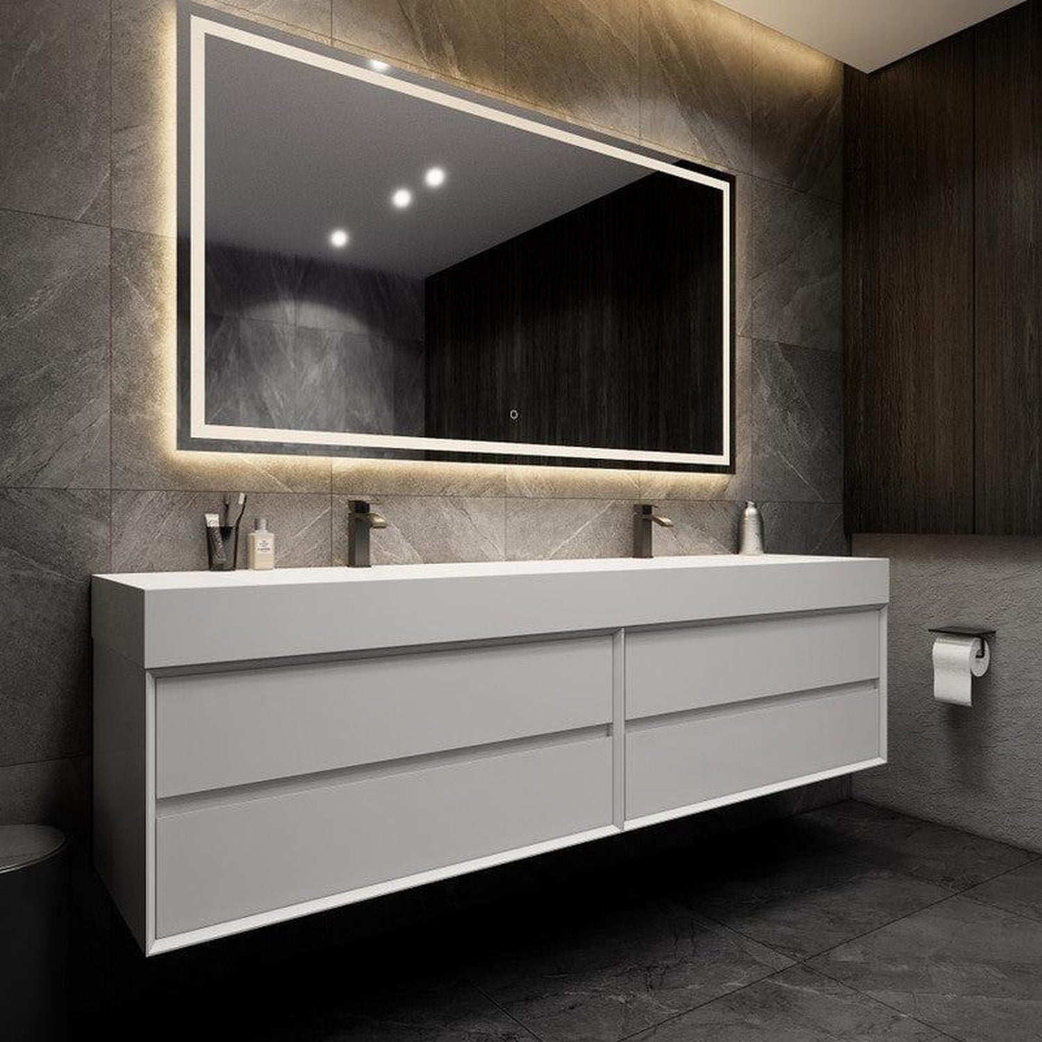 Prime 84&quot; Gloss White Wall-Mounted Vanity With Double Faucet Holes and Reinforced White Acrylic Sink