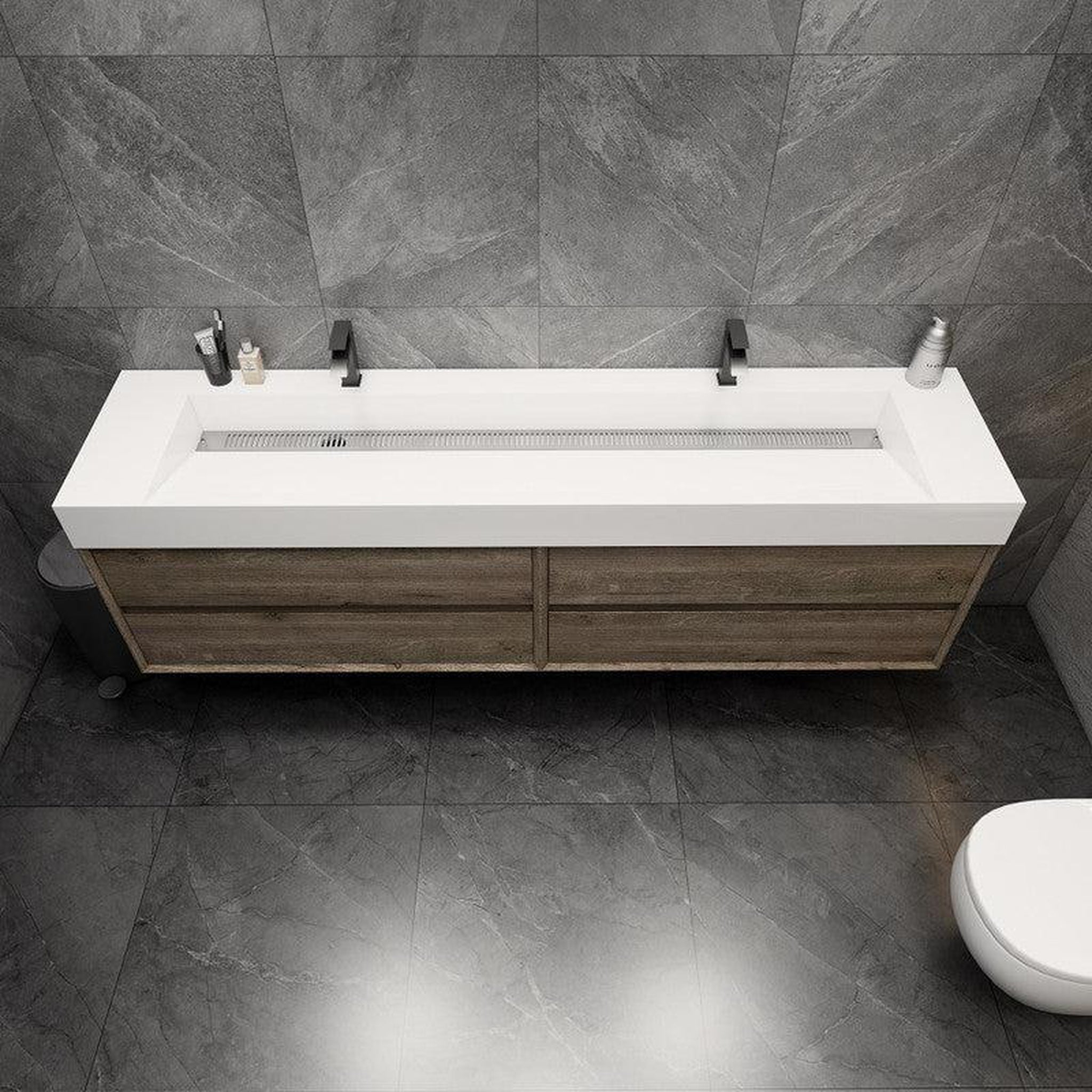 Prime 84&quot; Gray Oak Wall-Mounted Vanity With Double Faucet Holes and Reinforced White Acrylic Sink